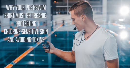 Man by a pool holding a device with text about post-swim organic shirt benefits