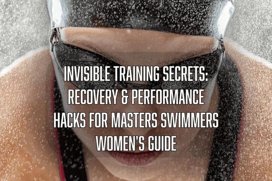 Person wearing a swim cap with text overlay about recovery and performance hacks for masters swimmers.