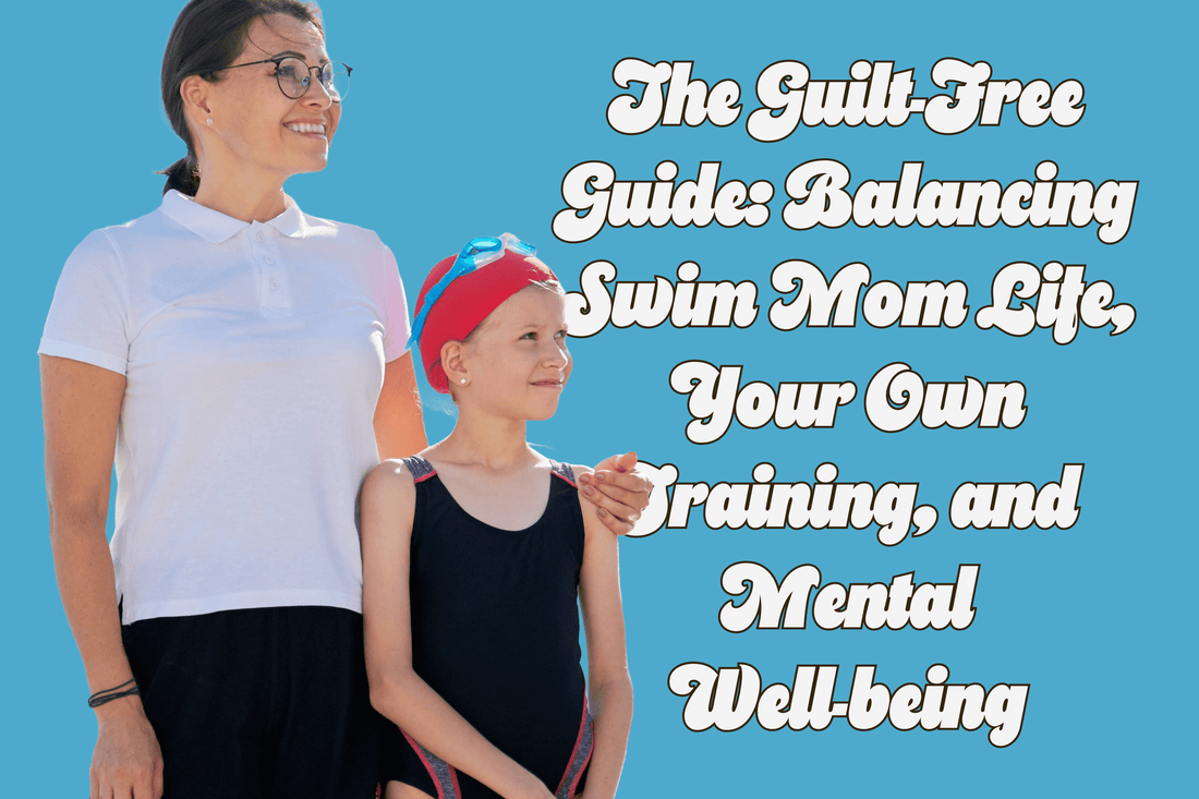 Woman and child with swim gear against a blue background with text overlay.