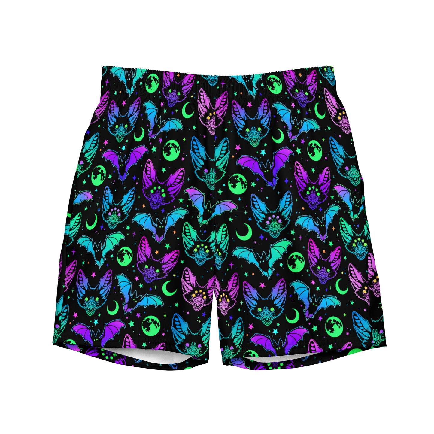 A pair of black Halloween organic swim trunks with a repeating neon pattern of bats, moons, and stars.