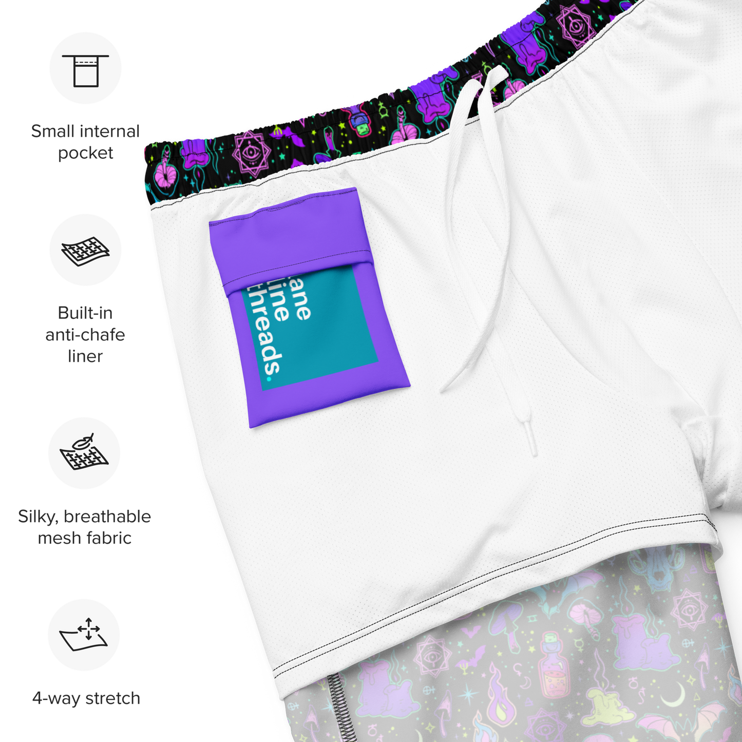Halloween organic swim trunks with a purple inner pocket featuring Lane Line Threads logo, on a black background with product features icons