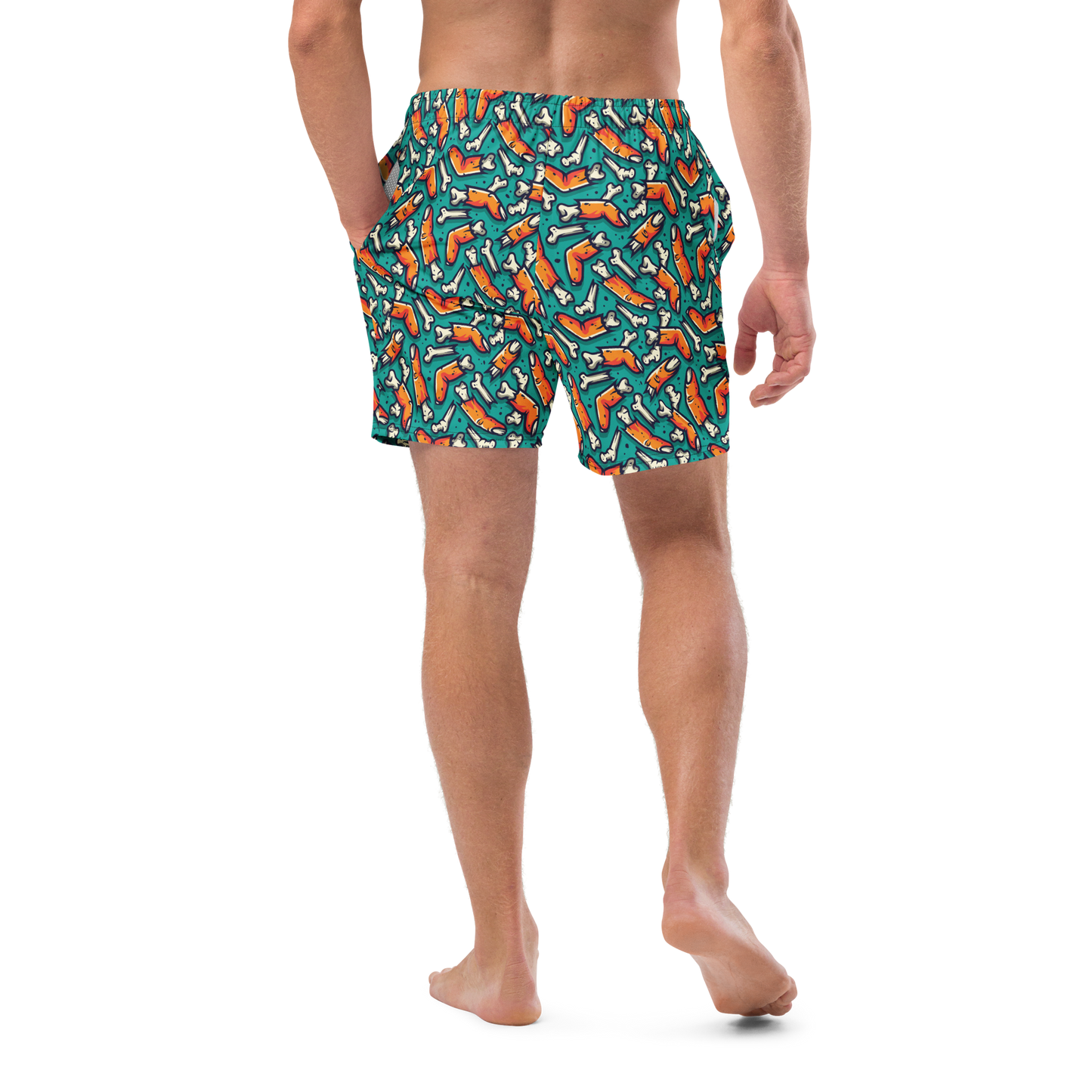 Person wearing colorful Halloween patterned organic swim shorts