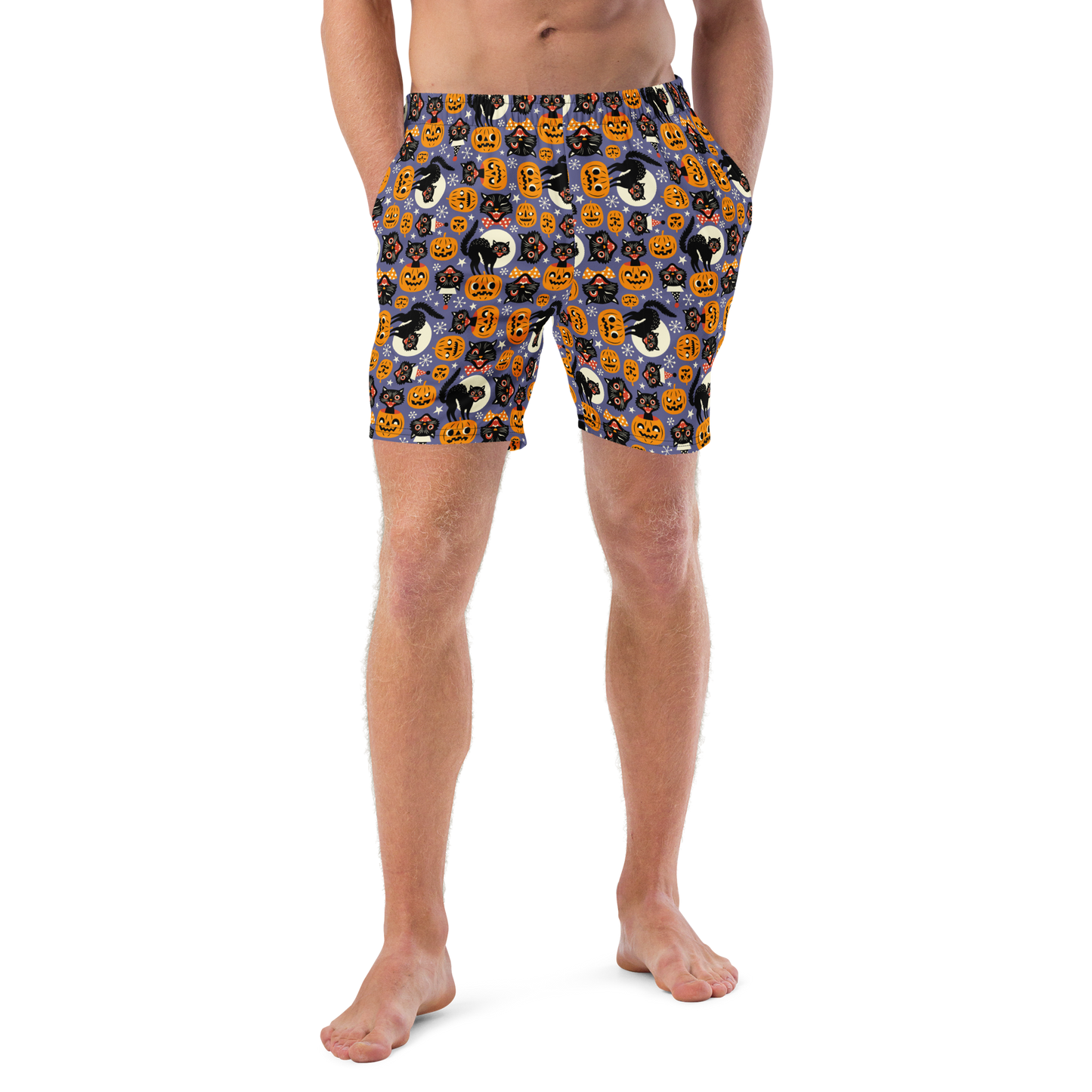 Person wearing Halloween-themed recycled swim trunks on a transparent background