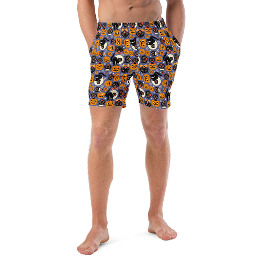 Person wearing Halloween-themed recycled swim trunks on a transparent background
