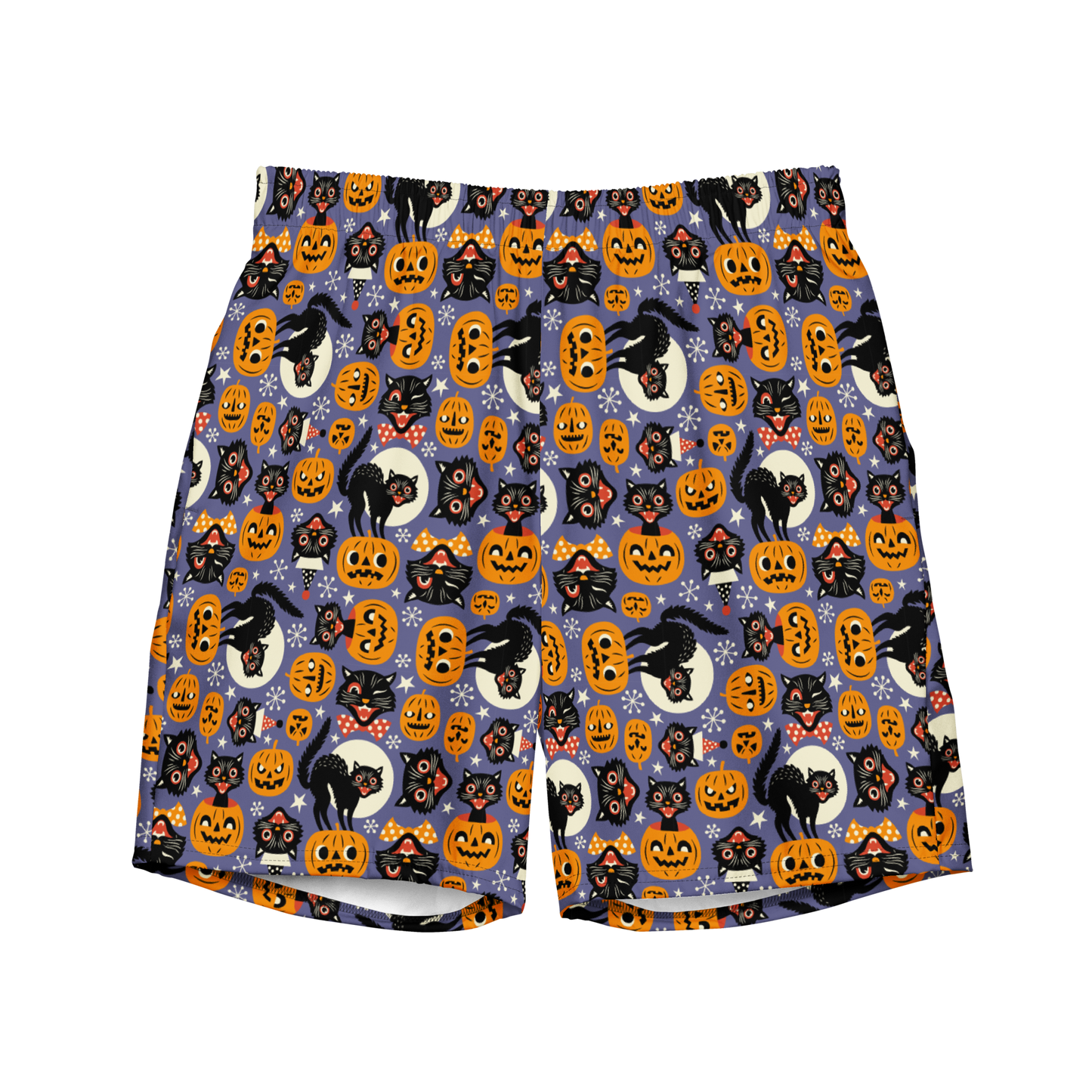 Halloween swim trunks with black cats, jack-o’-lanterns, and moon pattern. Eco-friendly organic swim trunks made from 100% recycled polyester.