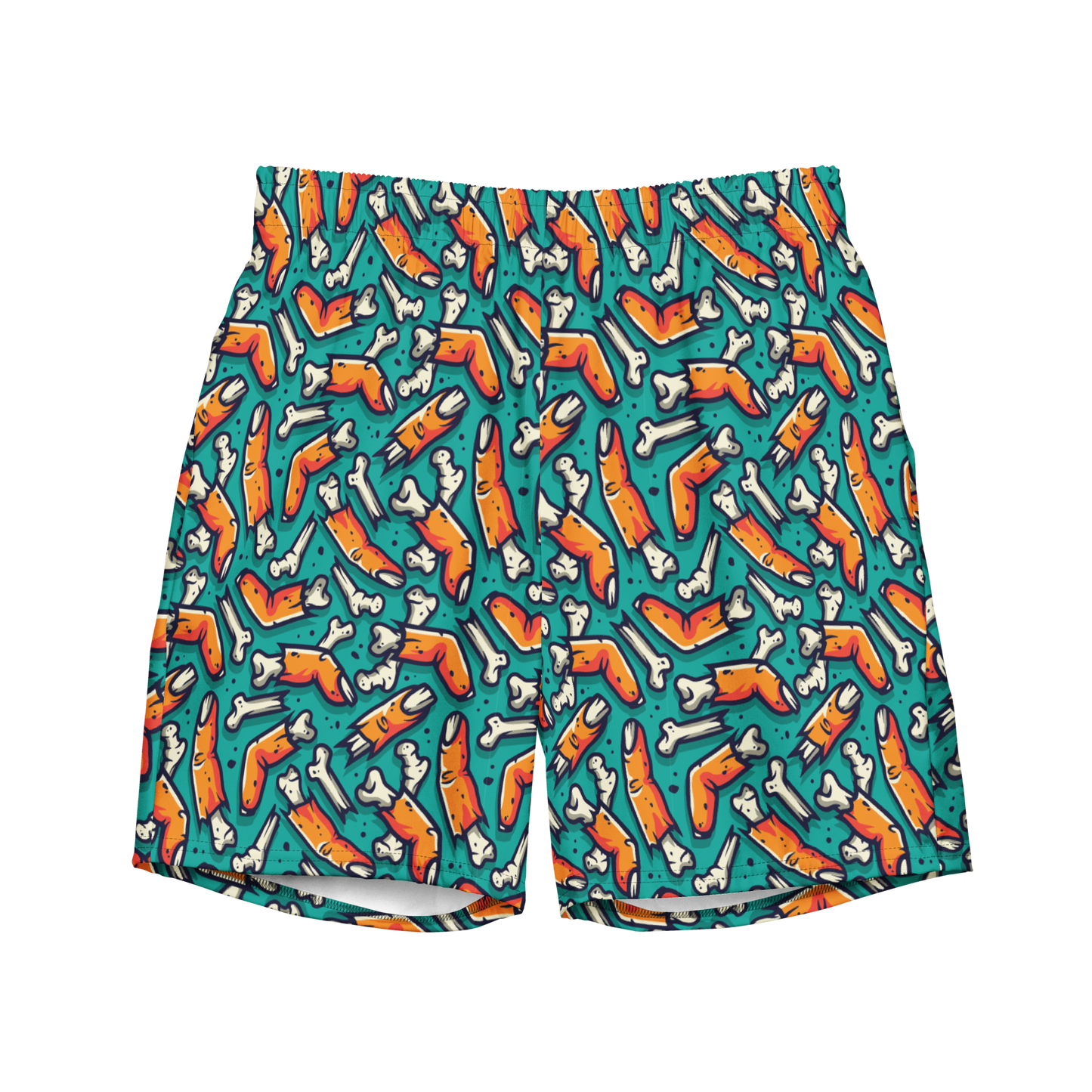 Recycled Halloween swim trunks with a pattern of zombie fingers and bones on a teal background