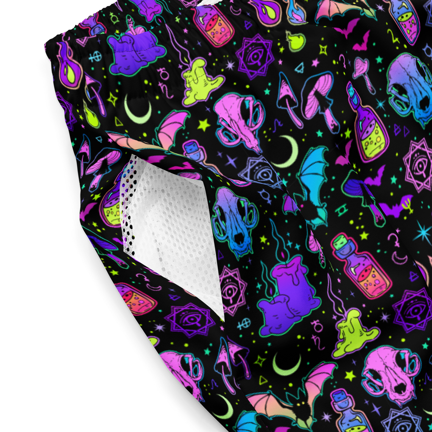 Halloween organic swim trunks with witchy pattern on a black background
