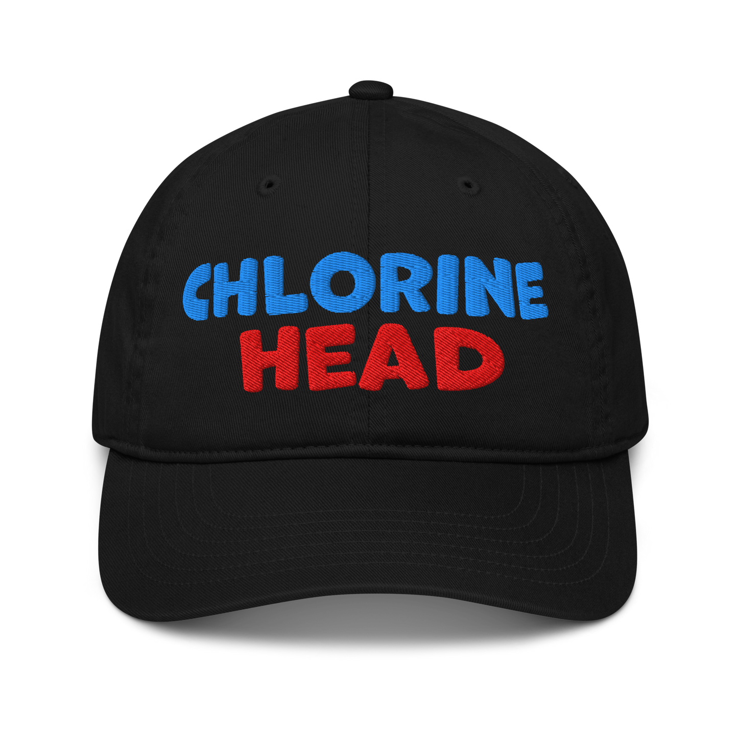 Black blue organic cotton baseball cap with "CHLORINE HEAD" embroidered in blue and red text.