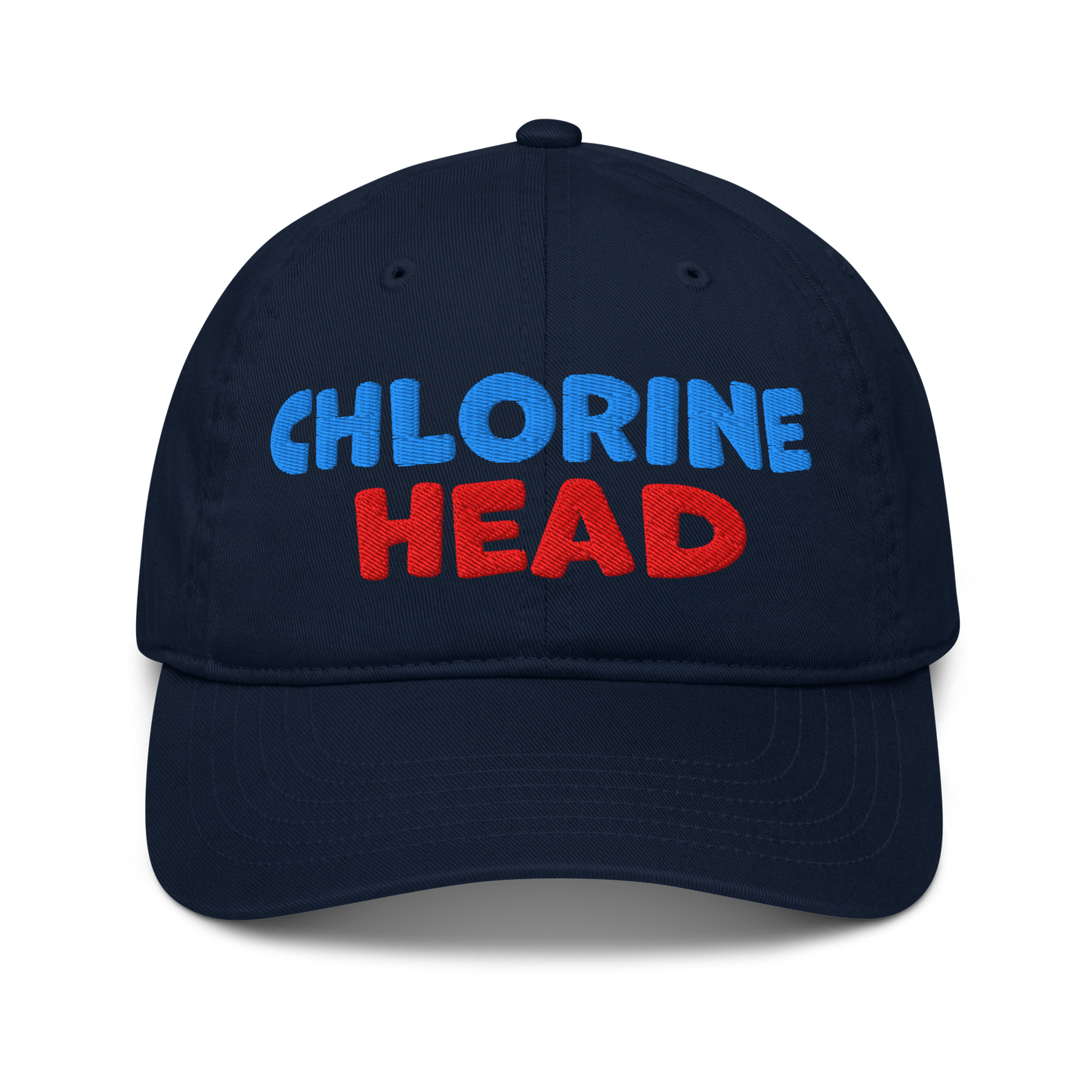 Navy blue organic cotton baseball cap with "CHLORINE HEAD" embroidered in blue and red text.