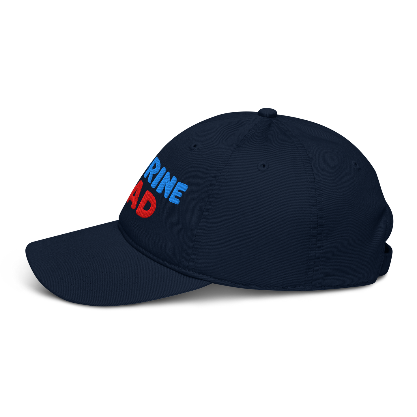 Navy blue cap with colorful text on a white background