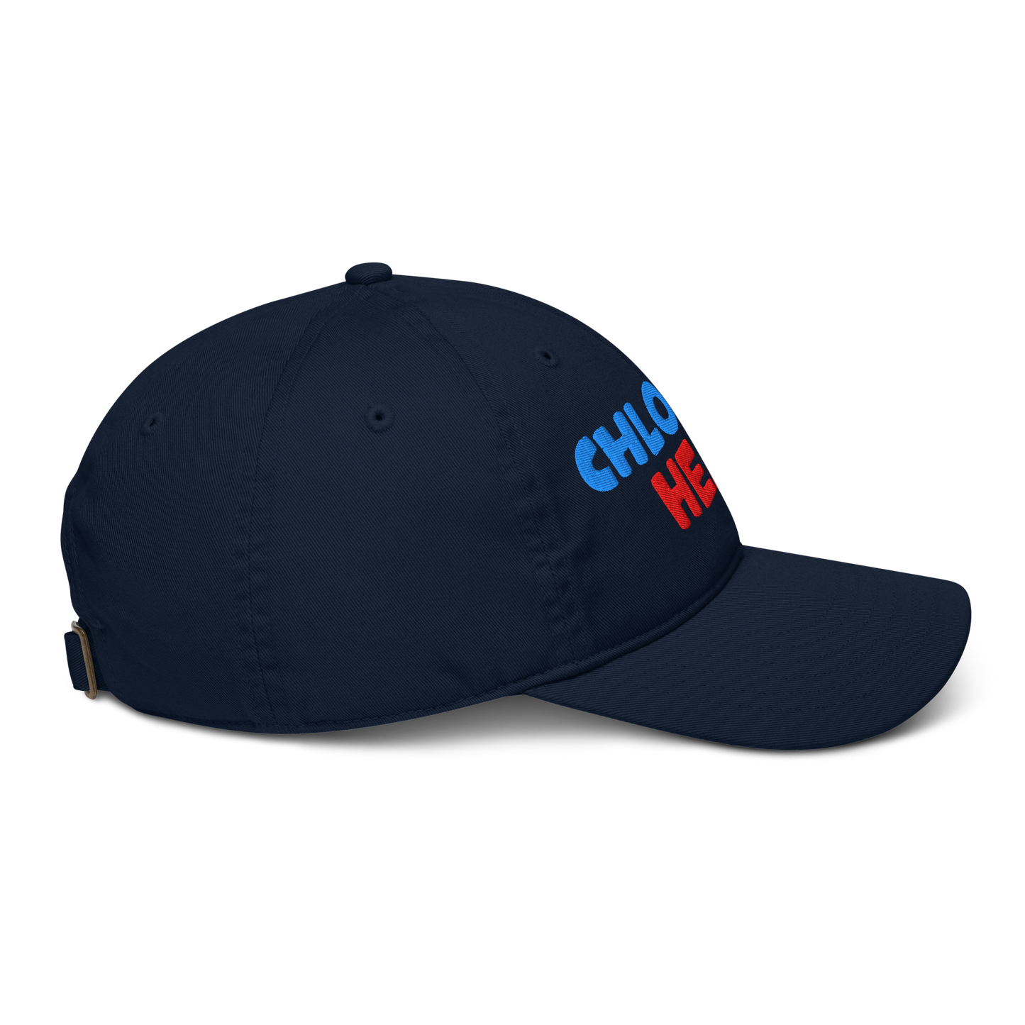 Navy blue cap with 'Chlorine Head' text in red and blue on a white background