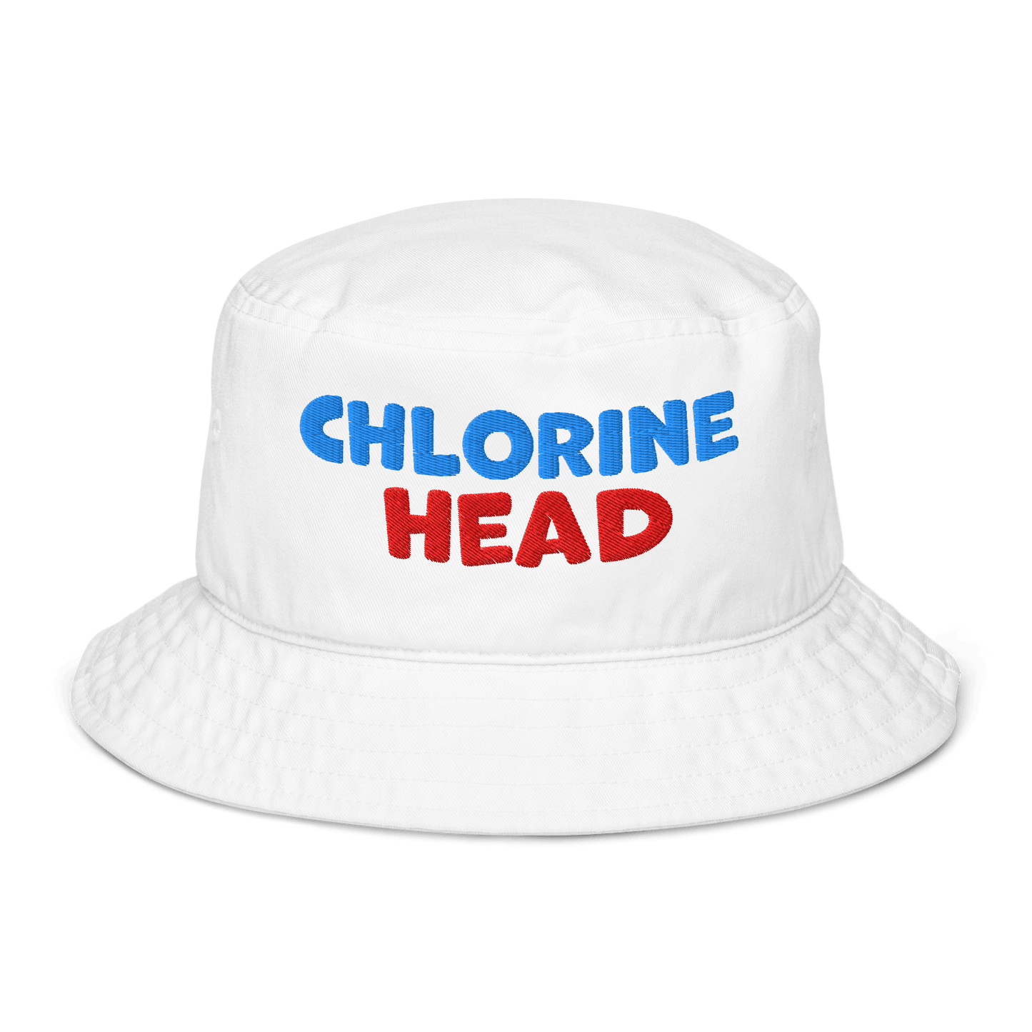 White organic bucket hat with bold red and blue “Chlorine Head” embroidery. Eco-friendly, breathable, biodegradable headwear for swimmers.