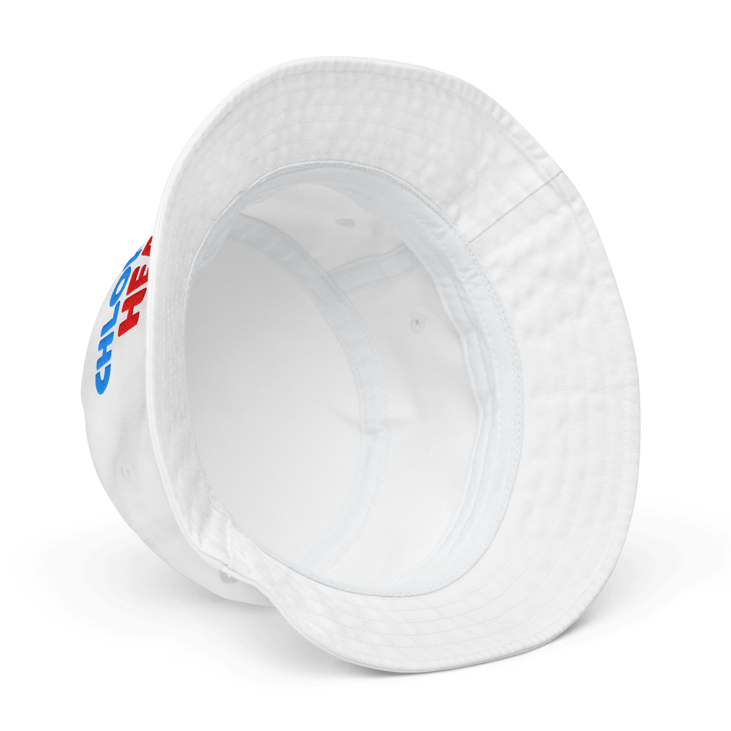 White bucket hat with a logo on a white background