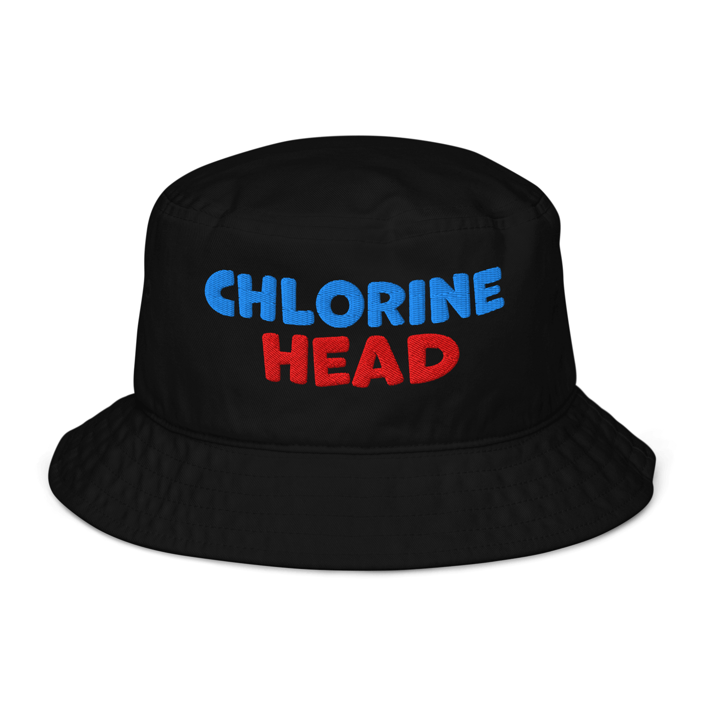 Black organic bucket hat with bold red and blue “Chlorine Head” embroidery. Eco-friendly, breathable, biodegradable headwear for swimmers.