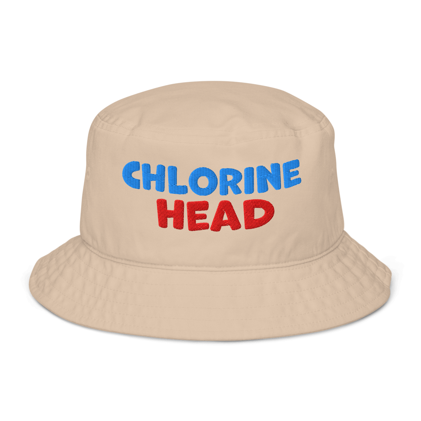 Beige organic bucket hat with bold red and blue “Chlorine Head” embroidery. Eco-friendly, breathable, biodegradable headwear for swimmers.