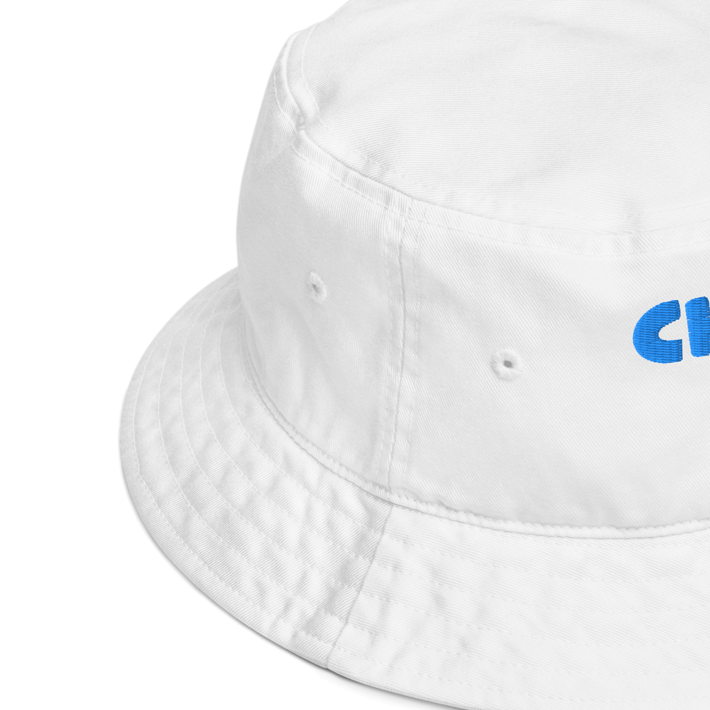 White bucket hat with a blue logo on a white background