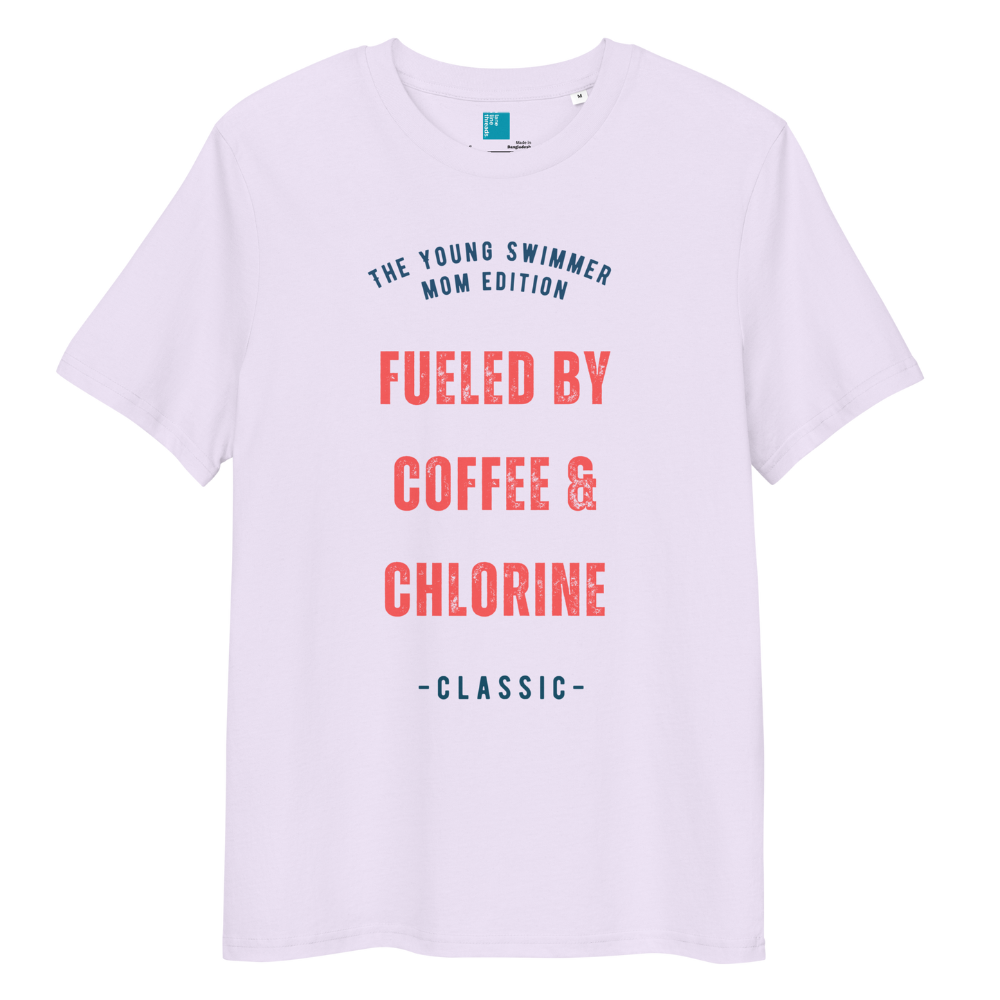 Lavender organic cotton swim mom t-shirt with red and navy text: “Fueled by Coffee & Chlorine – The Young Swimmer Mom Edition – Classic.”
