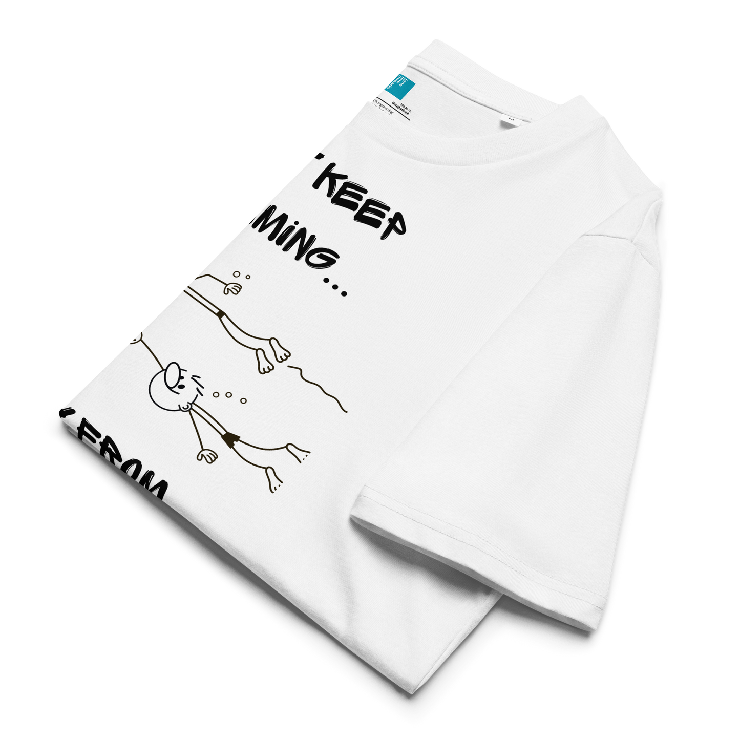 Folded eco-friendly white t-shirt with a humorous swimmer design featuring two stick figure swimmers and the bold text “Just Keep Swimming… Away From My Lane!” Made from 100% organic cotton, this breathable and biodegradable shirt is perfect for competitive swimmers who value comfort, performance, and sustainability. Ideal gift for swim meets or lane-protecting athletes with a sense of humor.