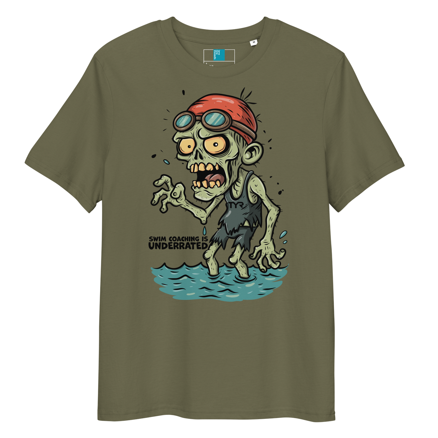 Khaki funny Halloween swimming coach shirt with cartoon zombie coach in red swimming cap and goggles, text reads ‘Swim Coaching is Underrated’