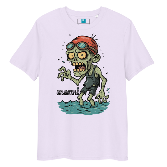Lavender funny Halloween swimming coach shirt with cartoon zombie coach in red swimming cap and goggles, text reads ‘Swim Coaching is Underrated’