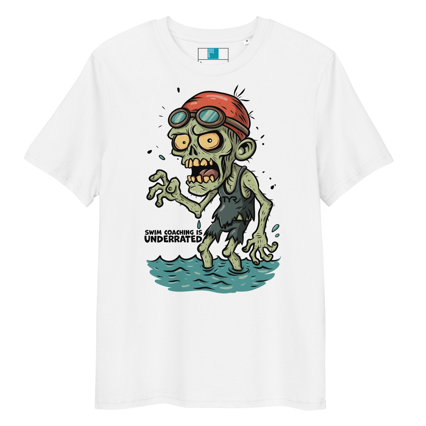 White funny Halloween swimming coach shirt with cartoon zombie coach in red swimming cap and goggles, text reads ‘Swim Coaching is Underrated’