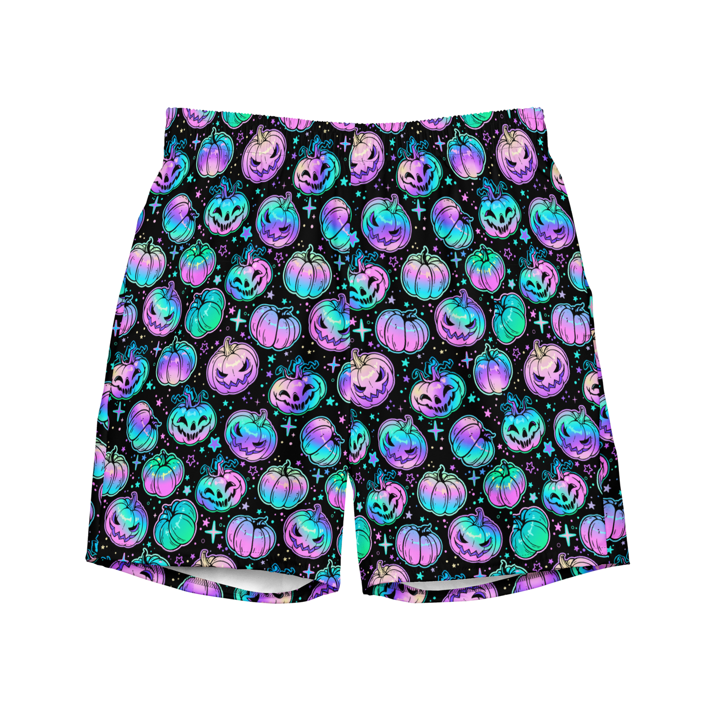 Neon pumpkin print organic swim trunks for Halloween, eco-friendly and quick-dry trunks made for swimmers and coaches with comfort and humor in mind.