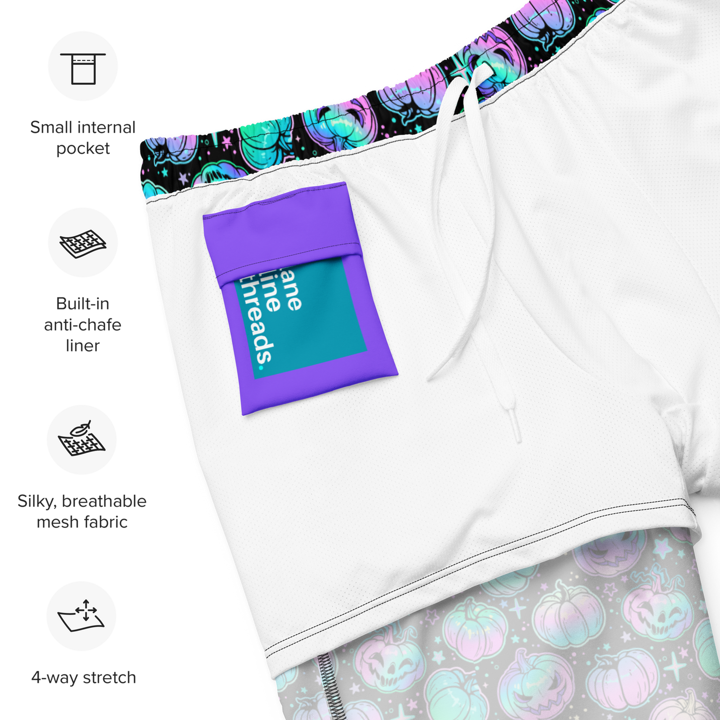 organic swim trunks with an inner purple pocket and an anti-chafe liner and 4-way stretch.
