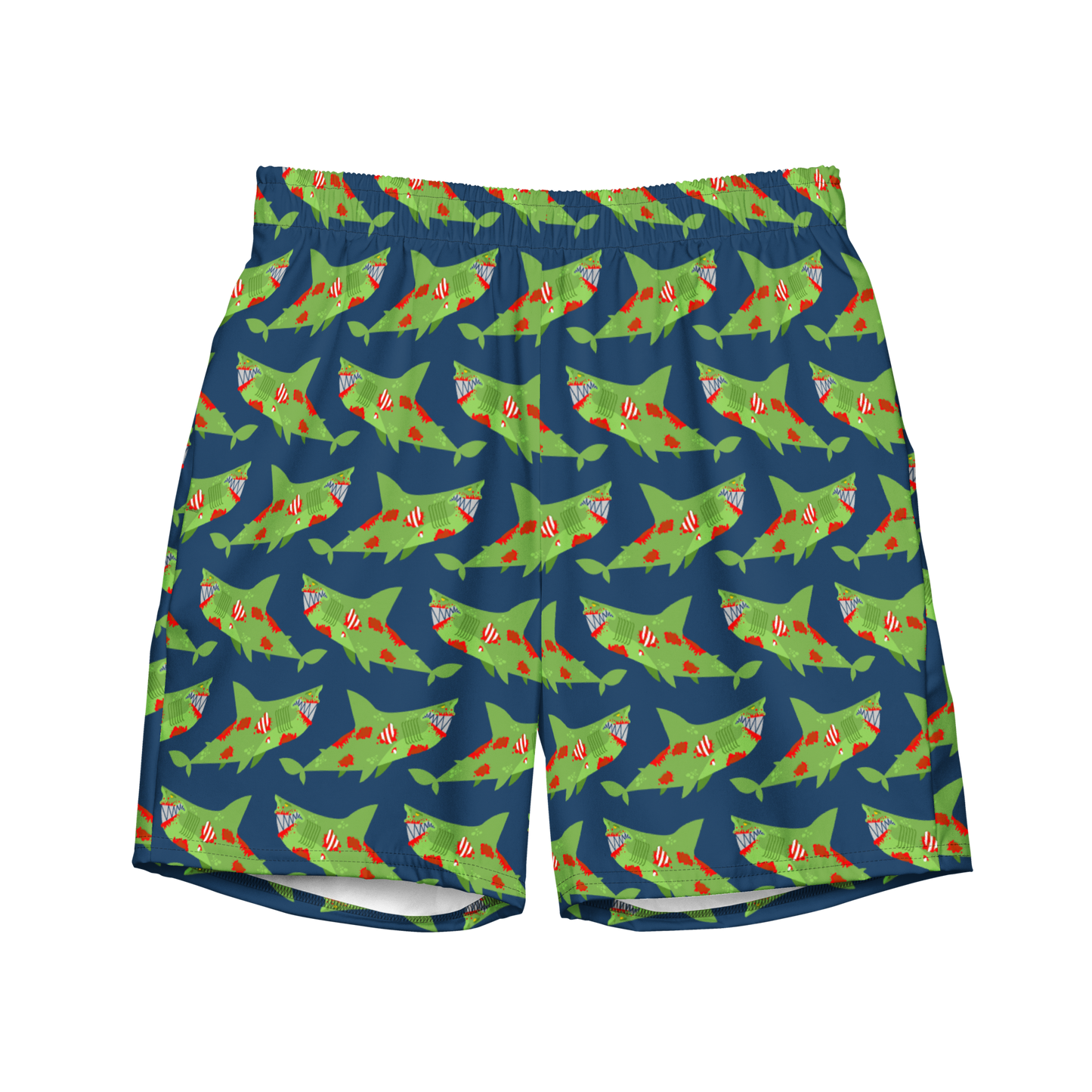 Eco-friendly Halloween swim trunks with zombie sharks pattern. Organic, comfy, and bold—perfect for swimmers and coaches with humor and ocean-loving style.