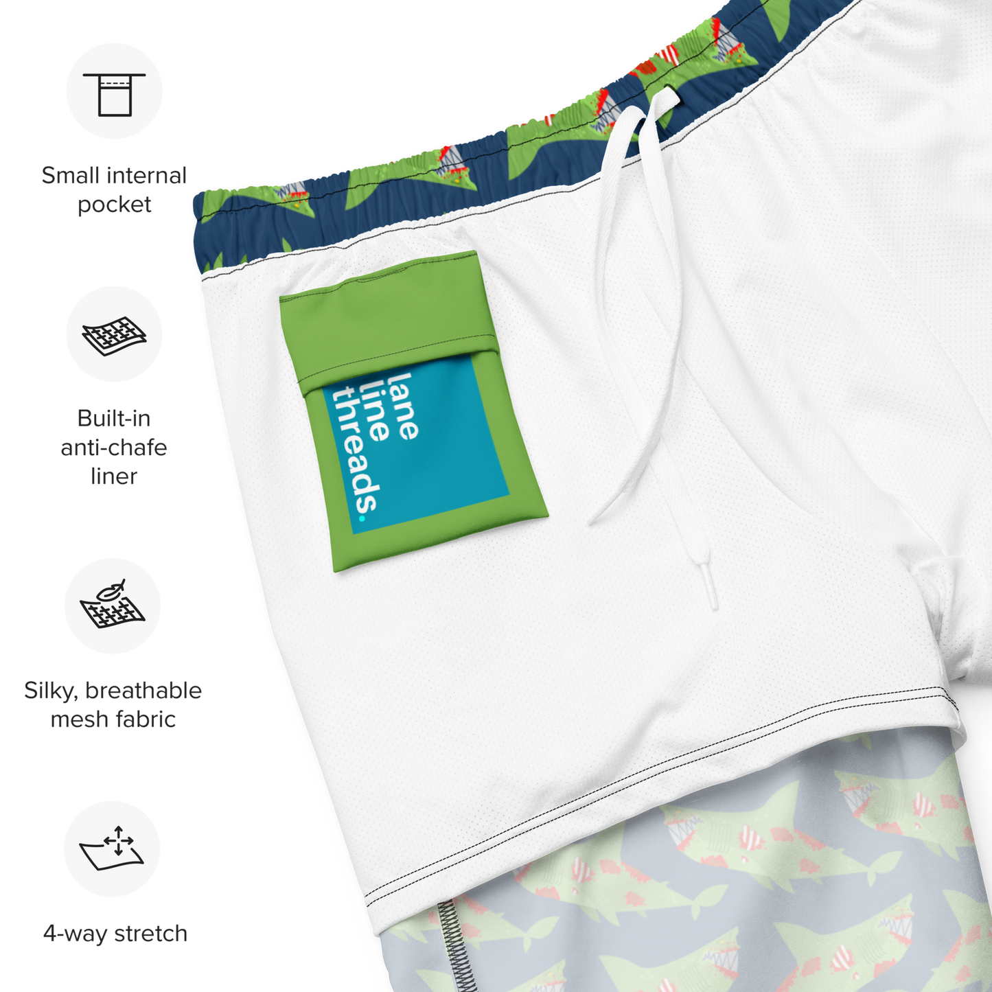 Halloween organic swim trunks with green inner pocket and colorful zombie shark design