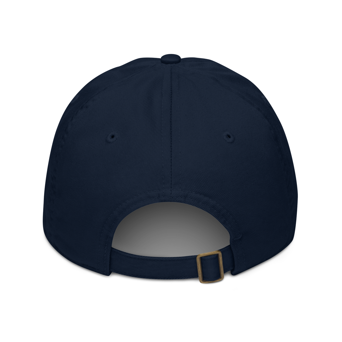 Navy blue cap with a gold buckle on a white background