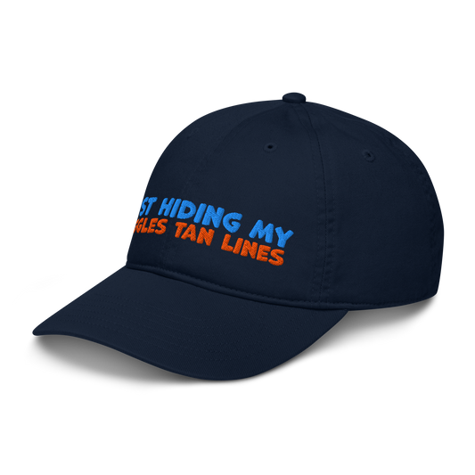 Side view of black organic baseball cap angled left, showing structured brim and breathable 100% organic cotton fabric. Eco-friendly headwear for swimmers.