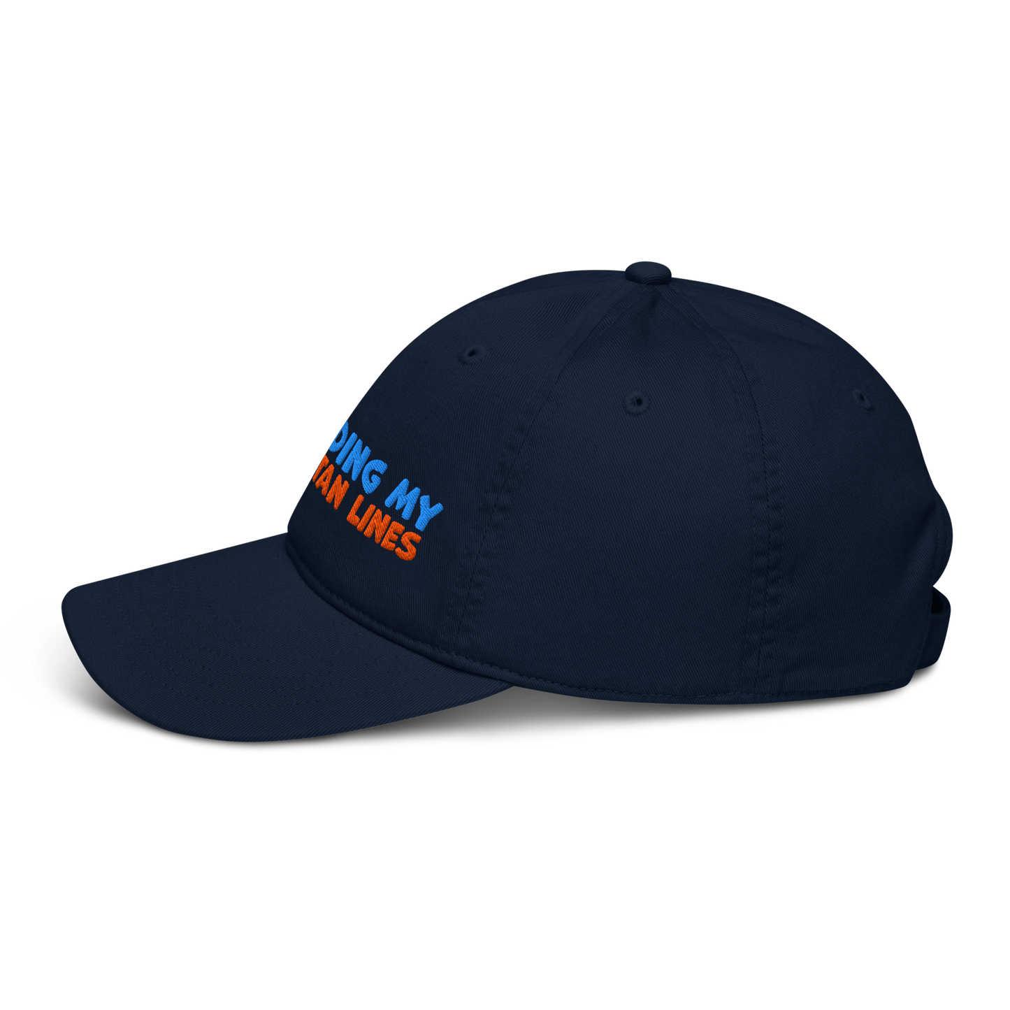 Navy blue cap with text on a white background