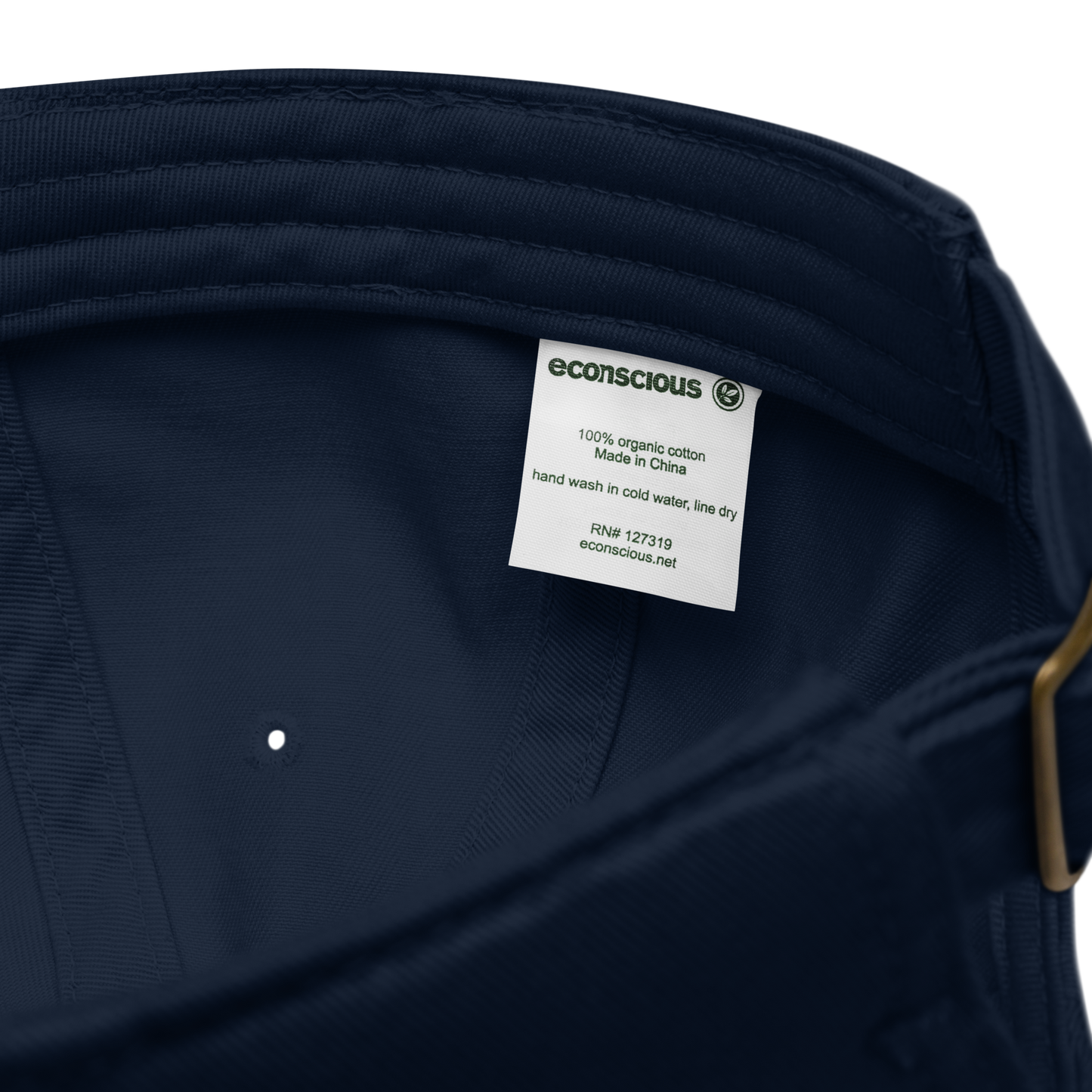Navy blue garment with an econscious label on a white background