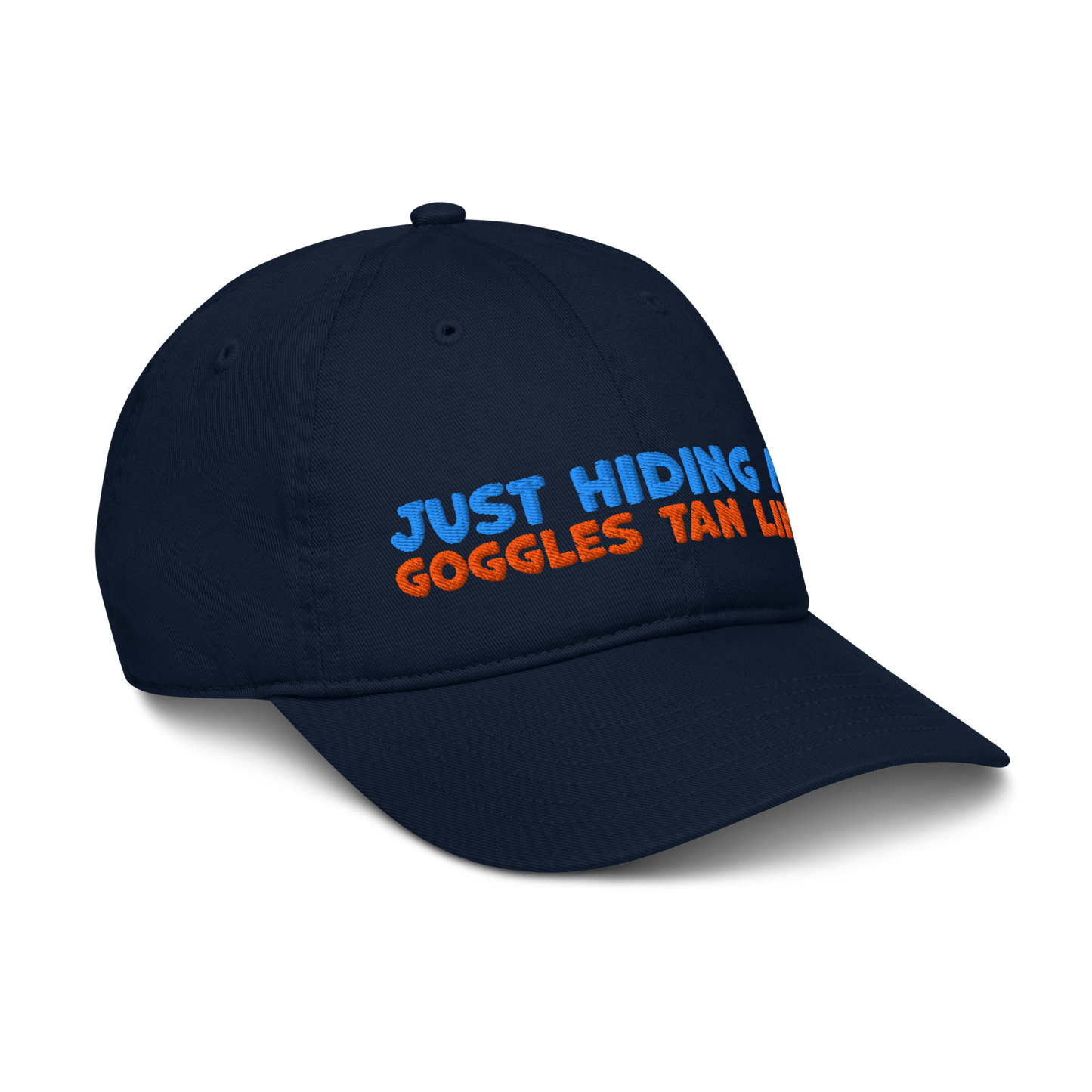 Side view of black organic baseball cap angled right, showing structured brim and breathable 100% organic cotton fabric. Eco-friendly headwear for swimmers.