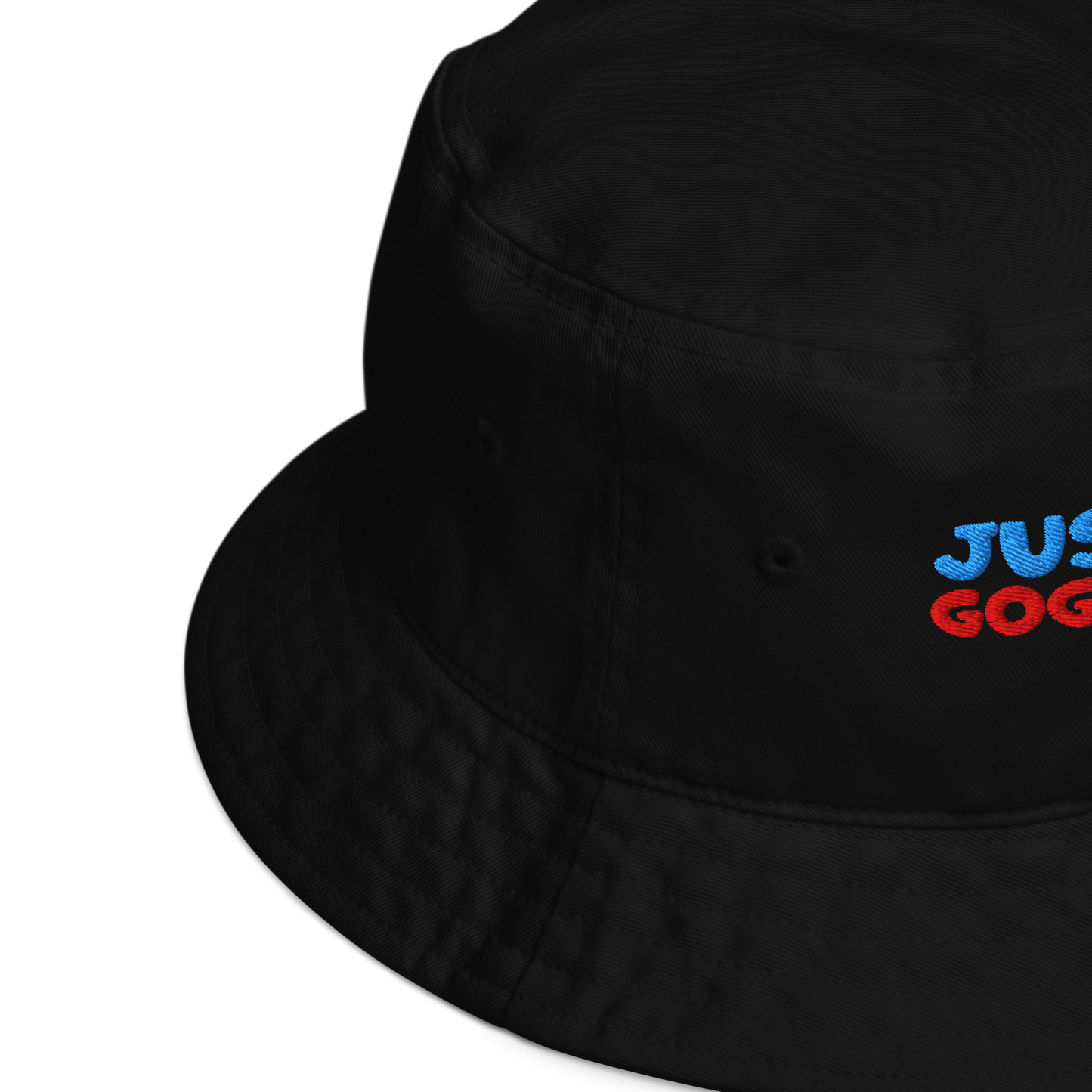 Black bucket hat with 'Just Go' text in colorful letters on a white background