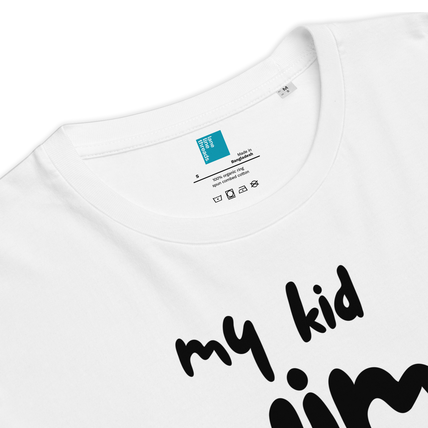 White t-shirt with black text 'my kid' on a white background