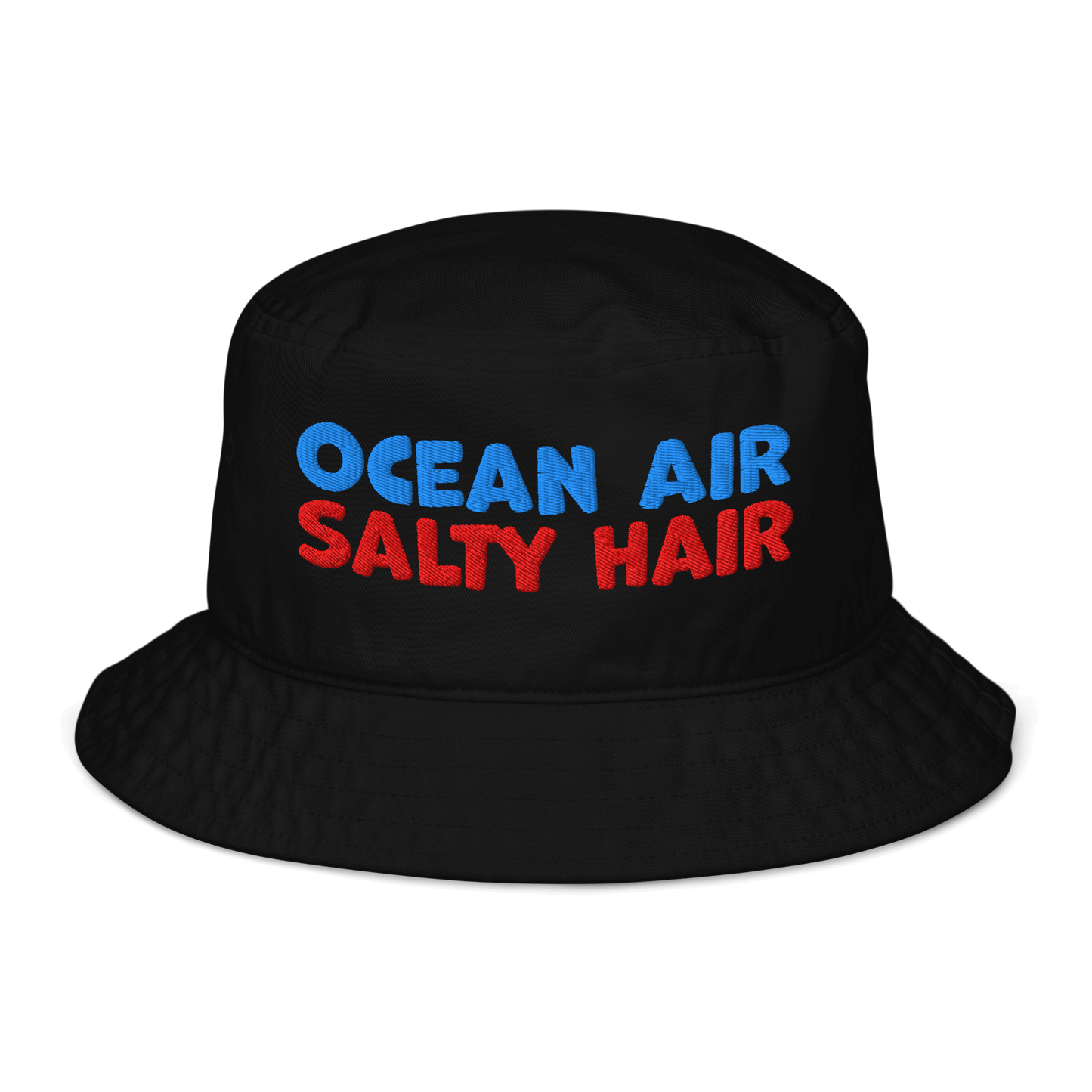 Black organic cotton bucket hat with bold embroidery that reads “Ocean Air Salty Hair” in blue and red. Eco-friendly, breathable, and biodegradable.