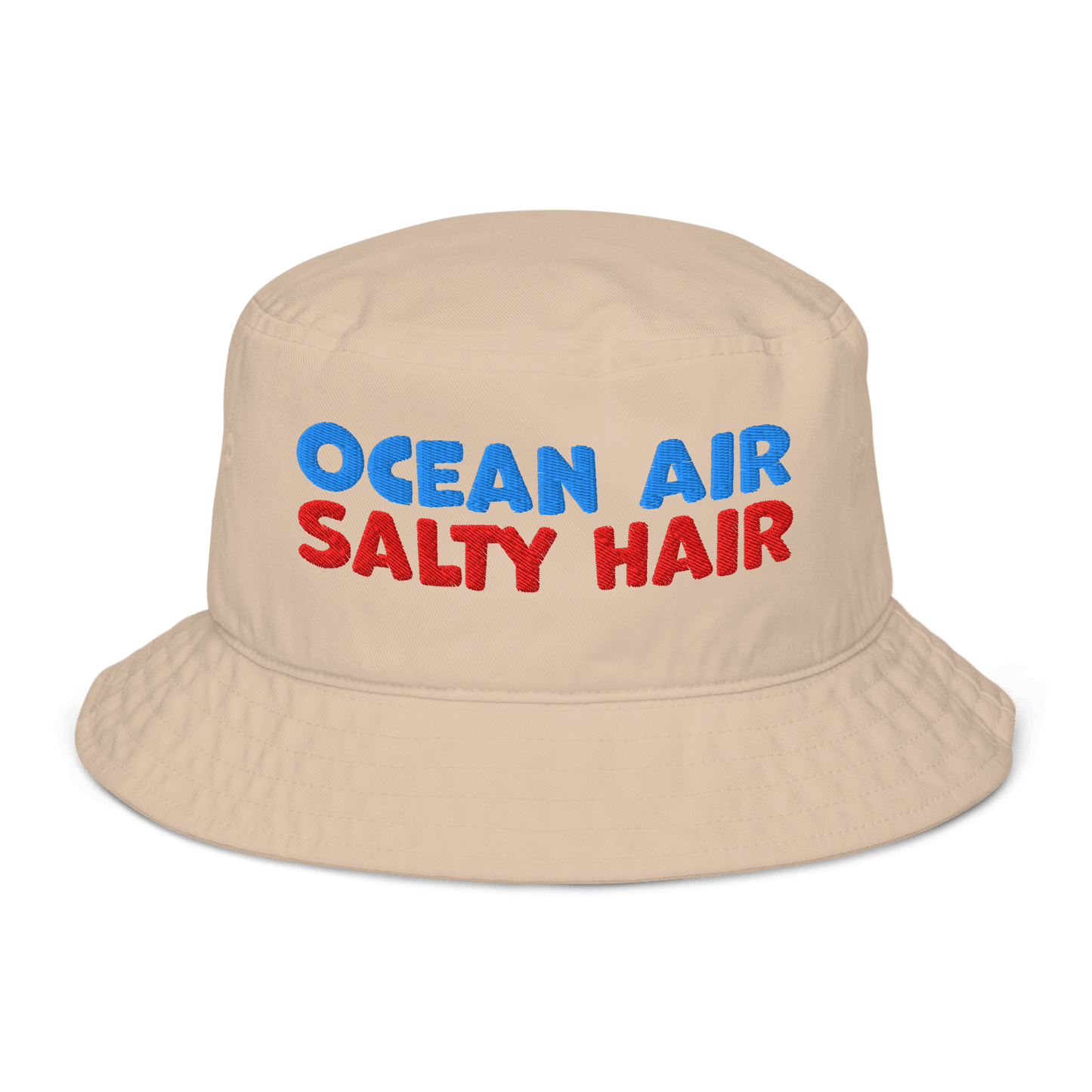 Beige organic cotton bucket hat with bold embroidery that reads “Ocean Air Salty Hair” in blue and red. Eco-friendly, breathable, and biodegradable.