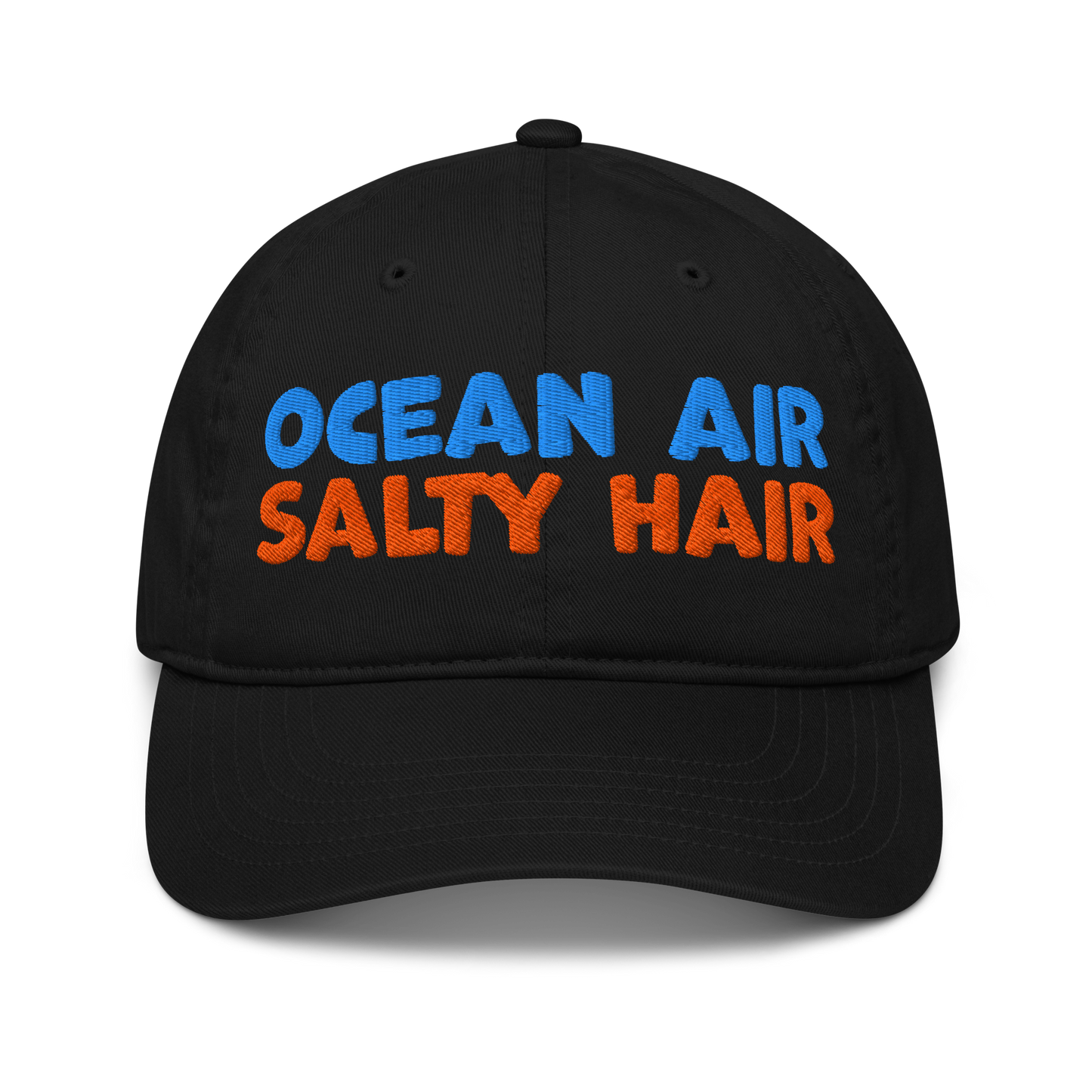 Black organic cotton baseball cap with "OCEAN AIR" in blue and "SALTY HAIR" in orange embroidered text
