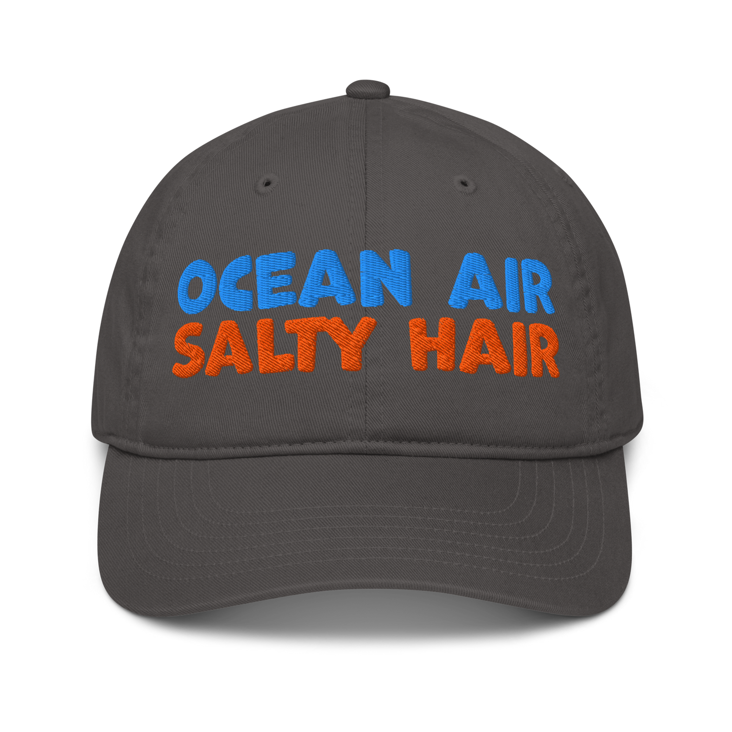 Charcoal organic cotton baseball cap with "OCEAN AIR" in blue and "SALTY HAIR" in orange embroidered text.