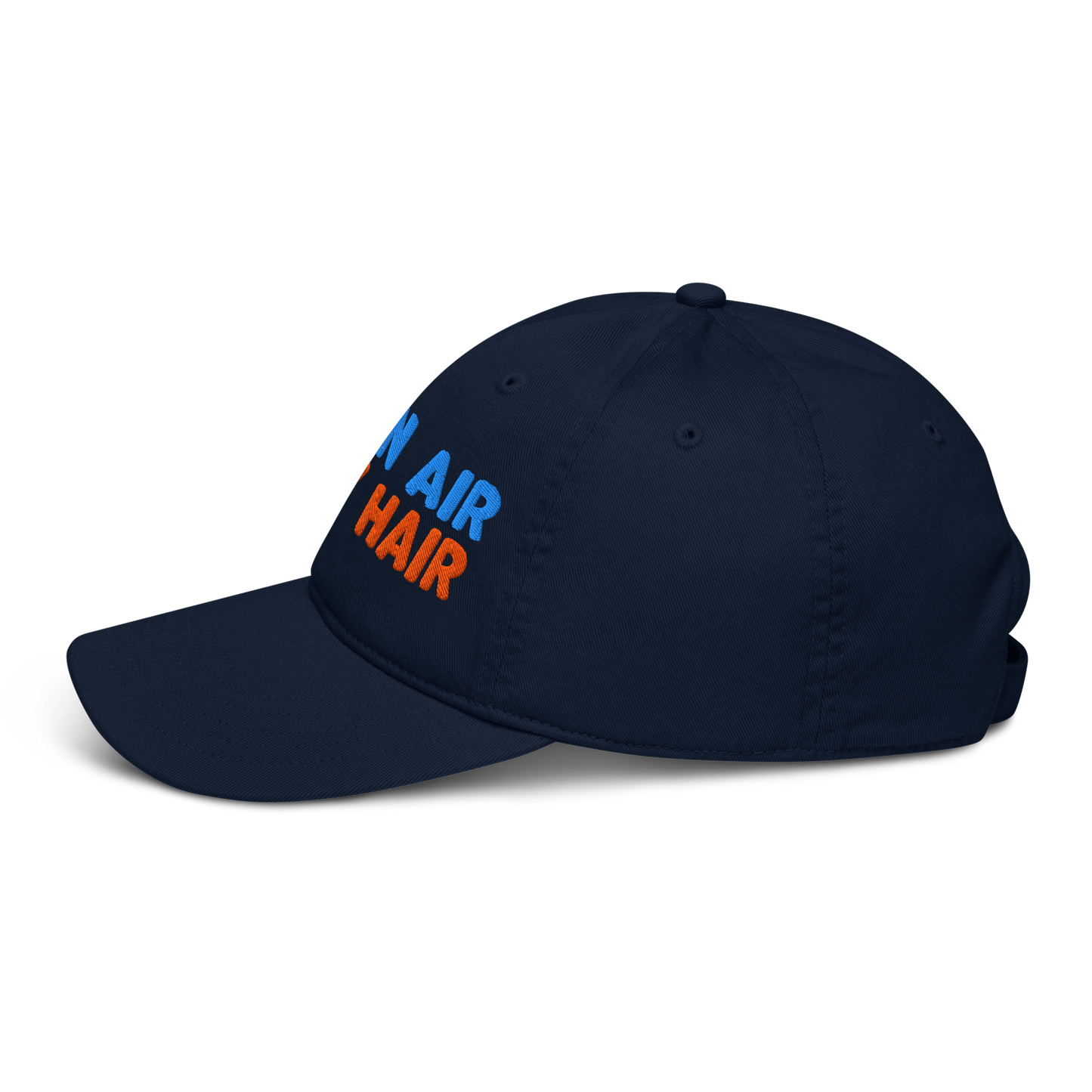 Navy blue cap with colorful text on a white background