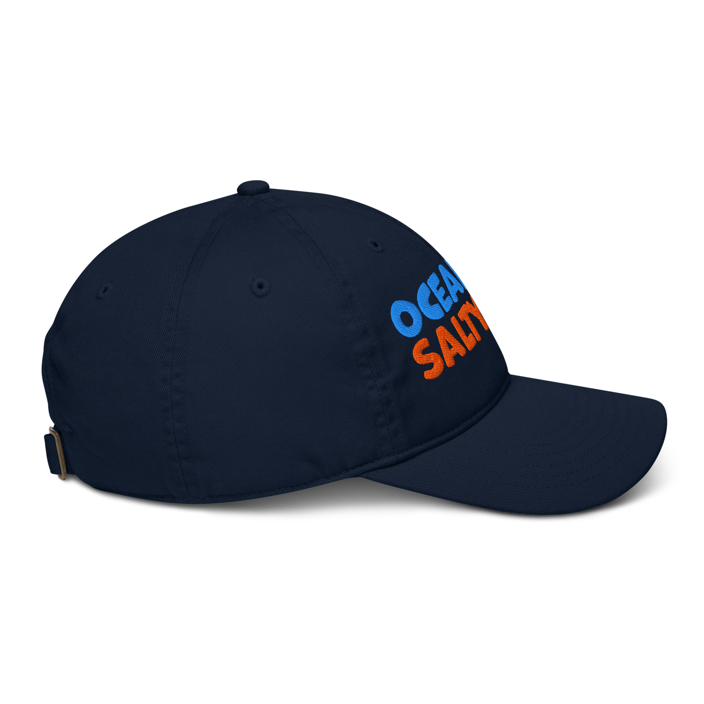 Navy blue baseball cap with 'ocean air, salty hair' text on a white background