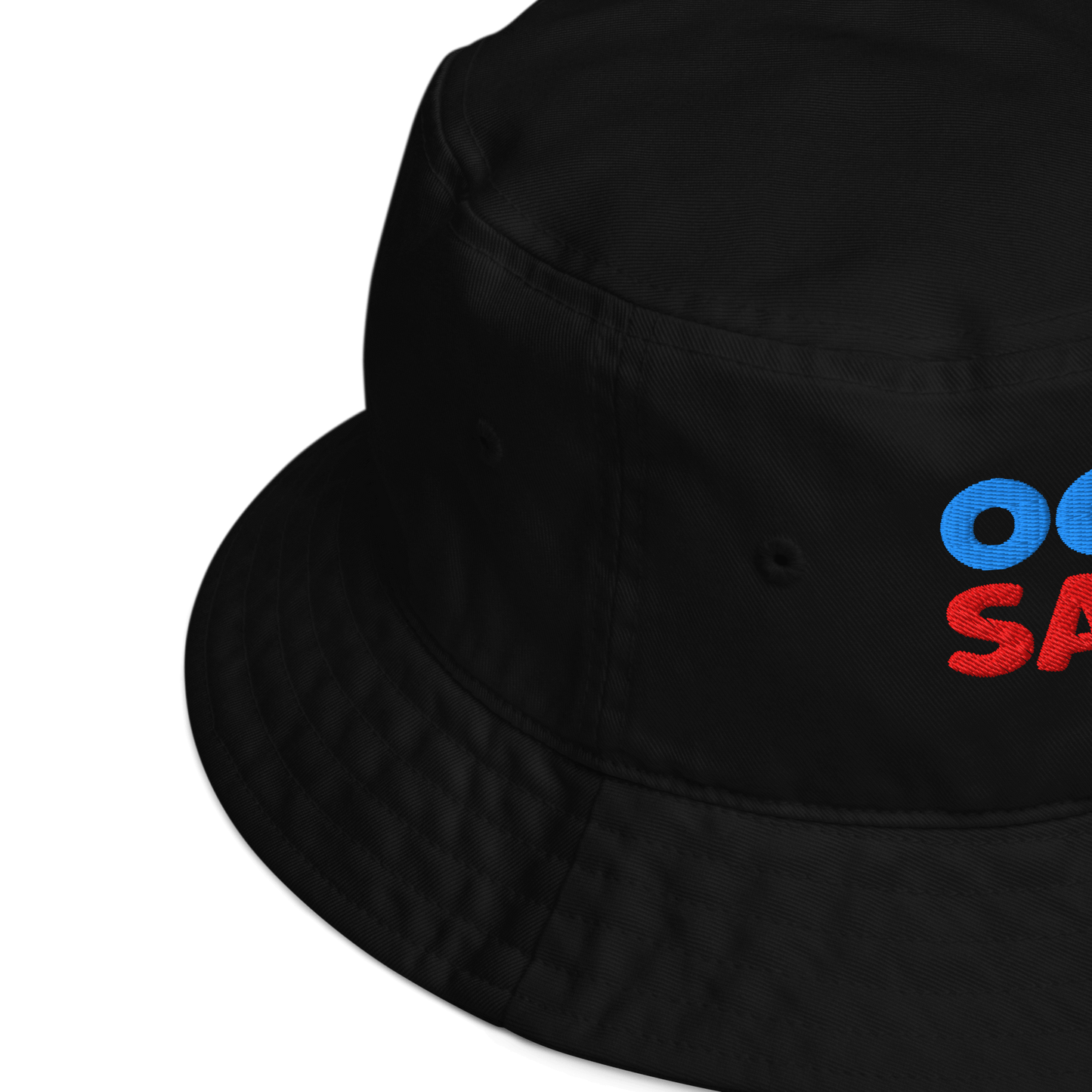 Black bucket hat with colorful text on a white background