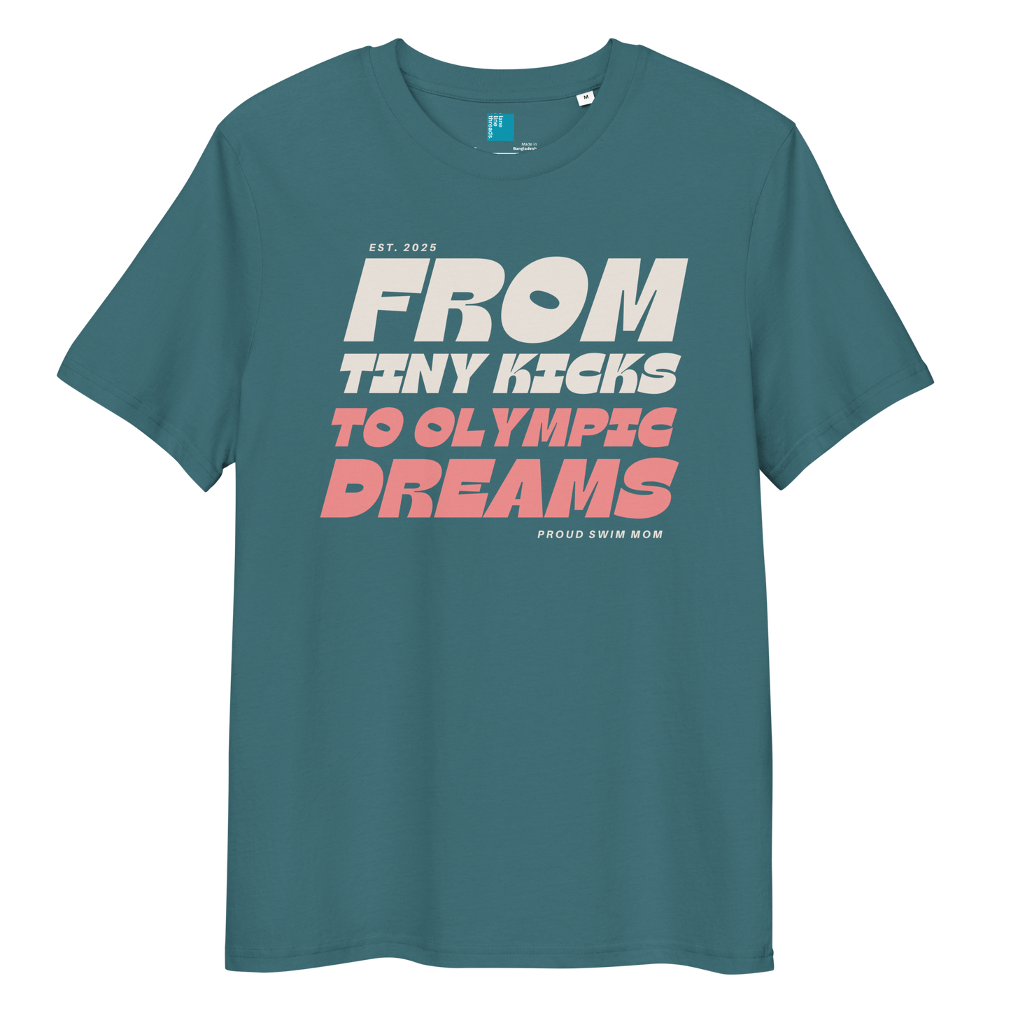 Stargazer organic cotton t-shirt for swim moms with "FROM TINY KICKS TO OLYMPIC DREAMS" and "PROUD SWIM MOM" text, displayed on a transparent background