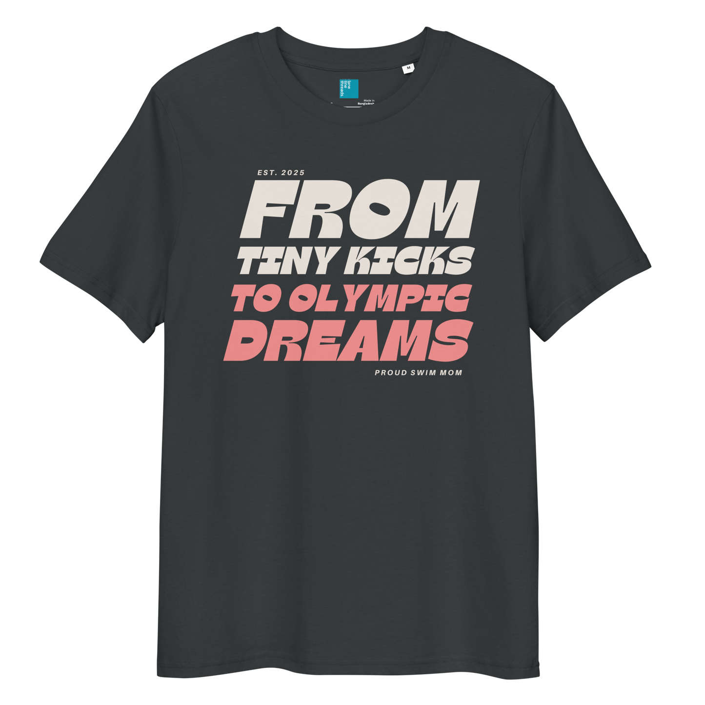 India ink grey organic cotton t-shirt for swim moms with "FROM TINY KICKS TO OLYMPIC DREAMS" and "PROUD SWIM MOM" text, displayed on a transparent background