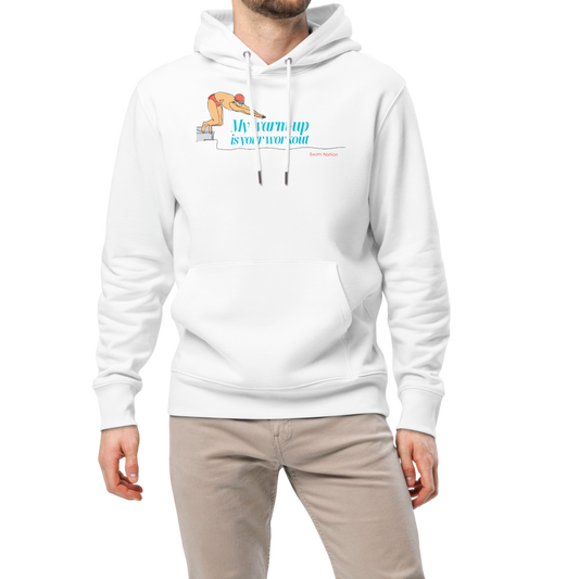 Man wearing a white post swim organic hoodie with a diving block graphic and teal script reading "My Warm-Up Is Your Workout" — Lane Line Threads Swim Nation