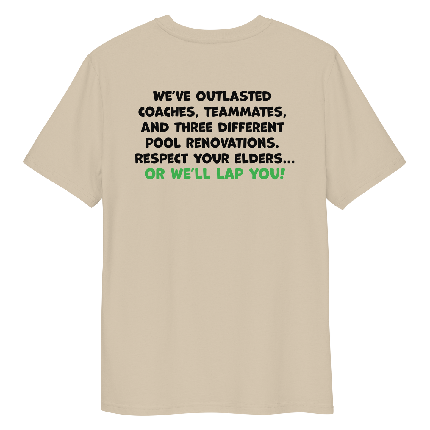 Beige funny Halloween swim shirt with humorous text on a white background