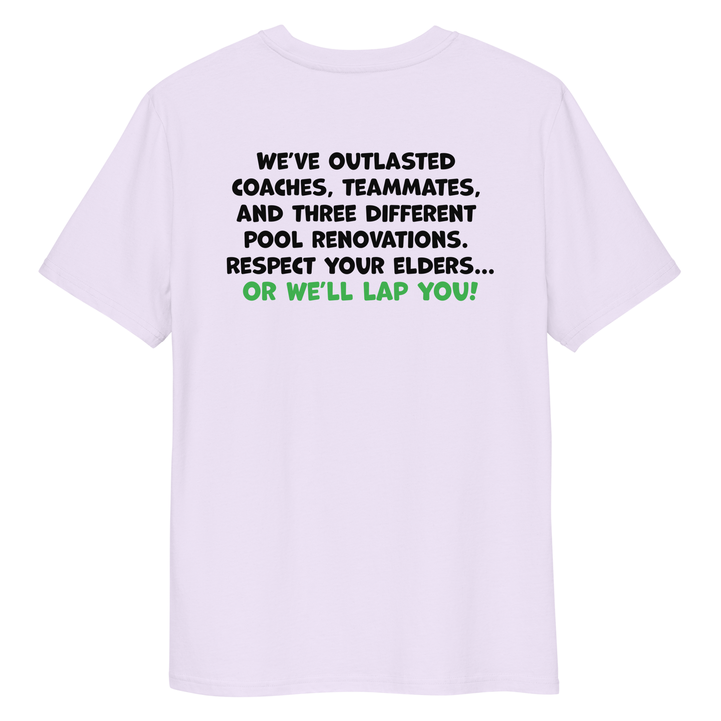 Lavender funny Halloween post swim organic shirt with humorous text on a white background