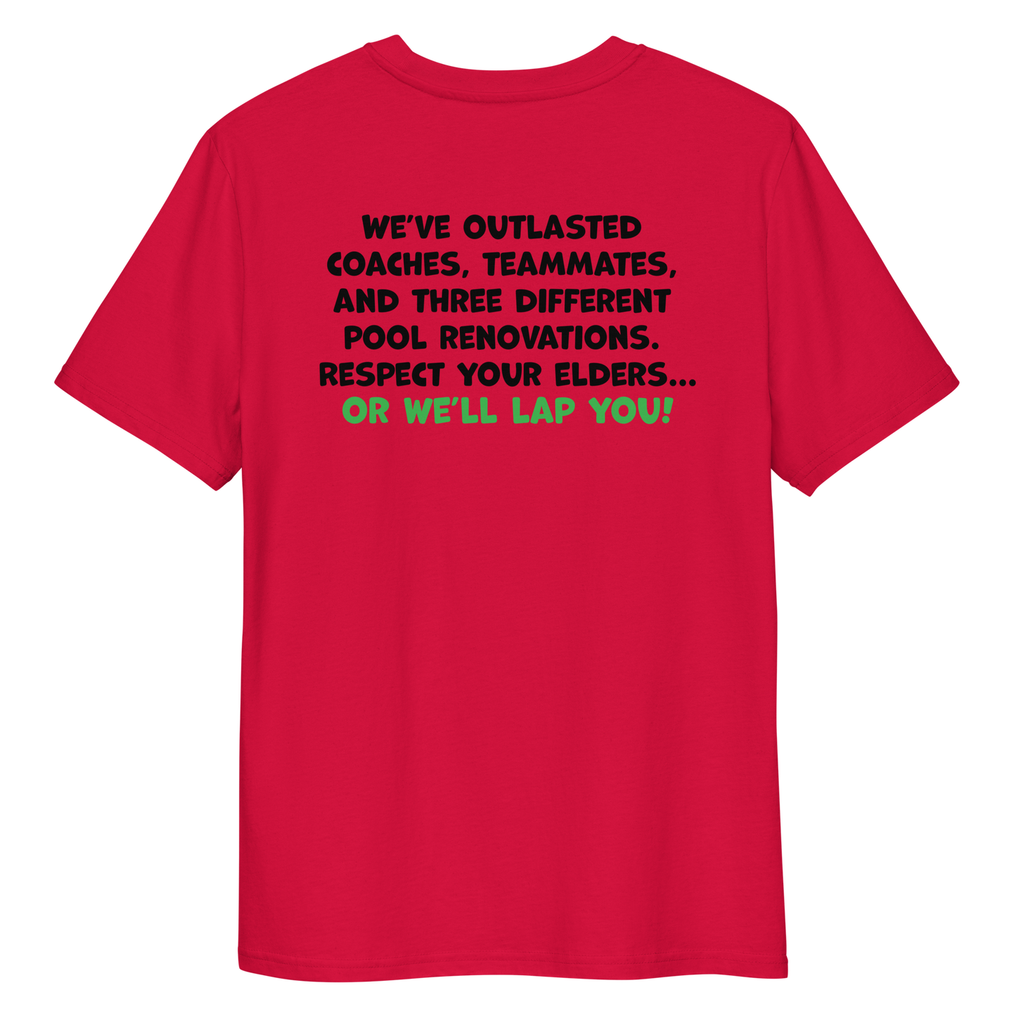 Red funny Halloween swim shirt with humorous text on the back against a white background