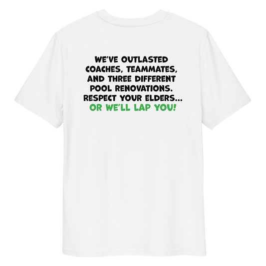 White funny Halloween swim shirt with humorous Masters swimming text design on a white background